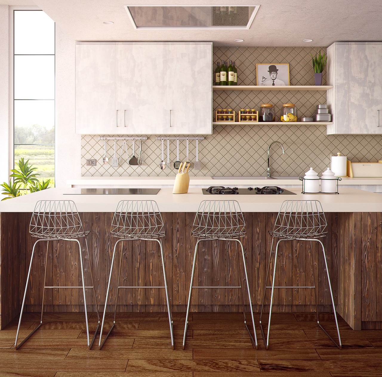 Colorful terrazzo backsplash complementing sleek kitchenware.