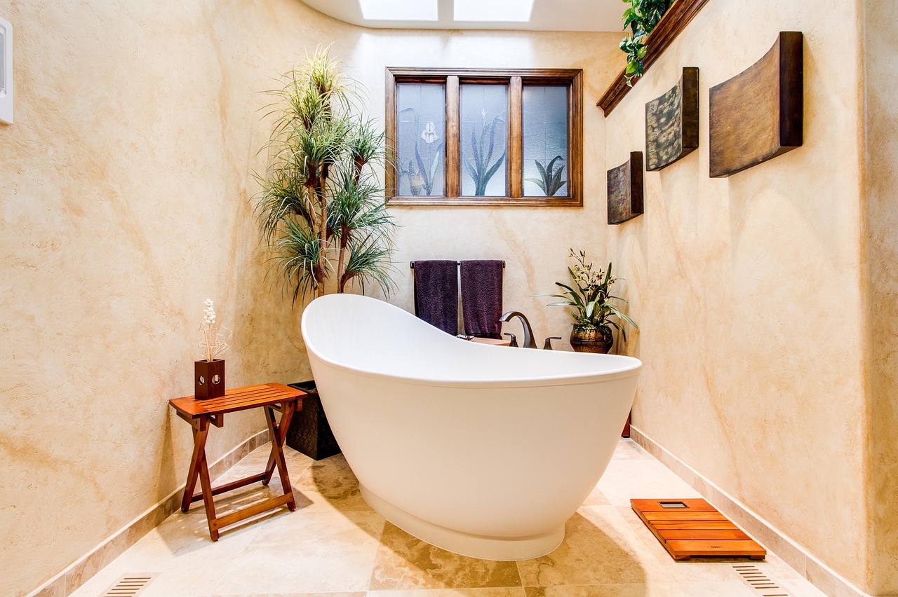 Sunlight illuminates a biophilic bathroom corner.