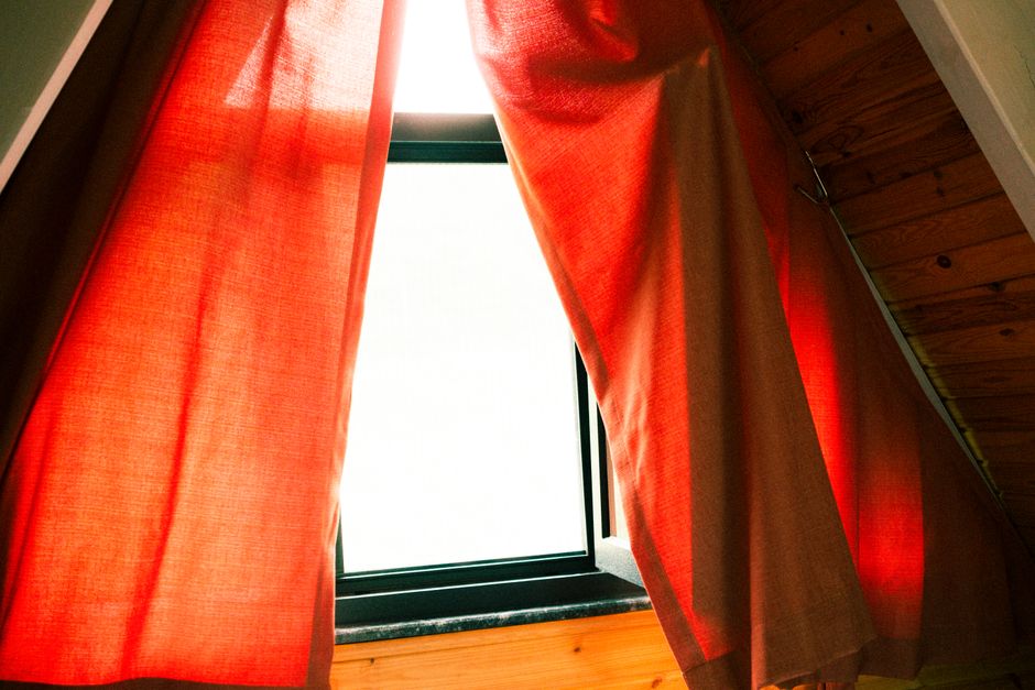 Terracotta curtains with autumn leaves decor. Terracotta curtains with autumn leaves decor.